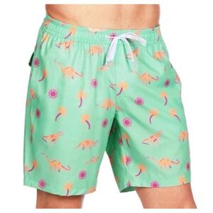 Mens Aqua Dinosaur Palm Tree Swim Trunks Shorts Elastic Waist Drawstring